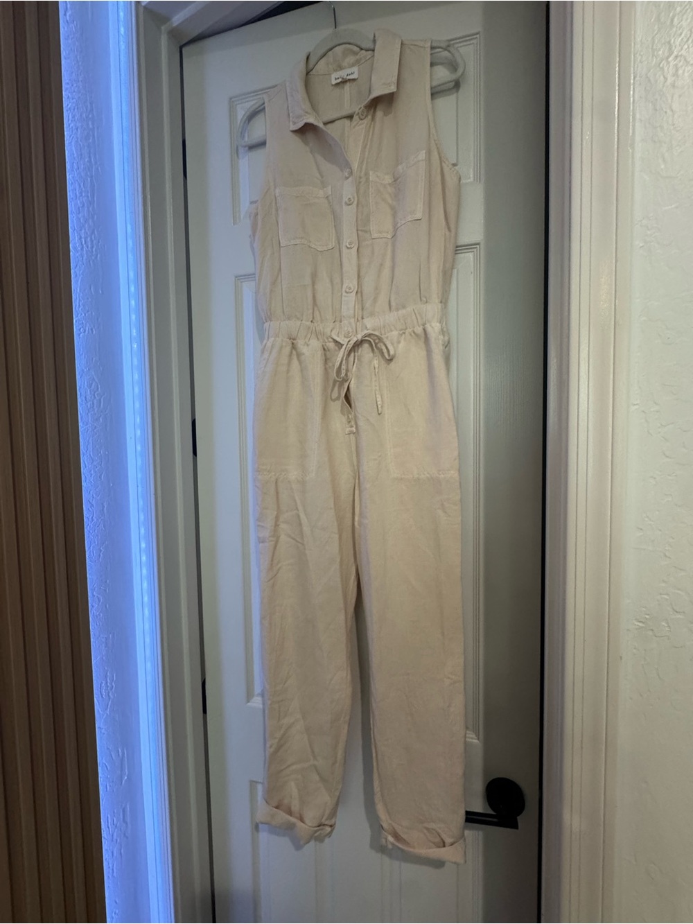 Sleeveless Drawstring Utility Jumpsuit - Beige